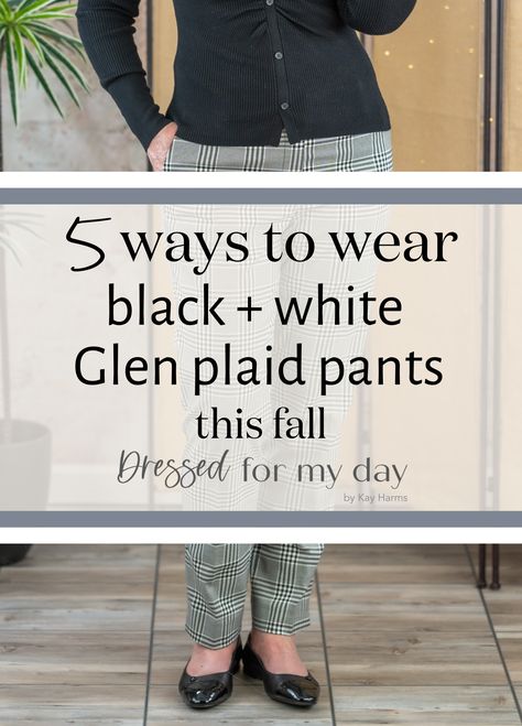 Black And White Work Pants Outfit, What To Wear With Black And White Plaid Pants, What To Wear With Houndstooth Pants, Gray Sweater Black Pants Outfit, Women’s Plaid Pants Outfit, Black Windowpane Pants Outfit, Black And White Check Pants Outfit, Black And White Pants Outfit Work, Black And White Houndstooth Pants Outfit