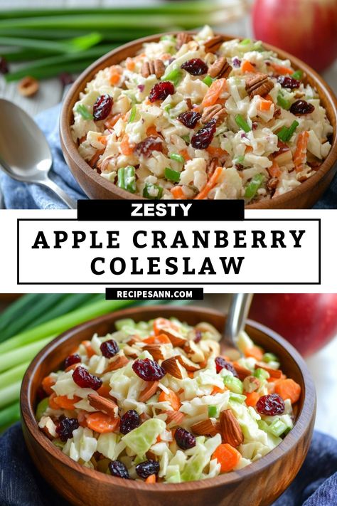 I love making this Zesty Apple Cranberry Coleslaw! It's a refreshing blend of crunchy cabbage, sweet apples, tart cranberries, and a touch of creamy dressing. Perfect as a side dish for any meal or a light lunch on its own. Try this colorful dish to brighten up your table! Salad With Apples And Cranberries, Apple Cranberry Coleslaw, Cranberry Slaw, Cranberry Coleslaw, Apple Coleslaw, Sweet Apples, Cranberry Salad, Creamy Dressing, Colorful Dishes