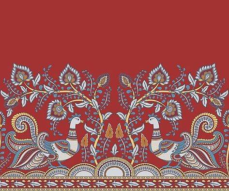 Seamless decorative border with birds and flowers. #Indian style. #Kalamkari. Photographic #Prints Kalamkari Borders Design, Kalamkari Border, Flowers Indian, Kalamkari Designs, Kalamkari Painting, Indian Prints, Birds And Flowers, Indian Folk Art, Decorative Borders