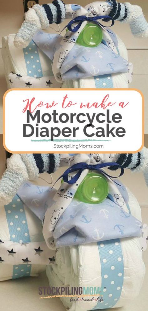 Harley Davidson Baby Shower Ideas, Motorcycle Cake Ideas, Motorcycle Diaper Cake Tutorial, Cake Motorcycle, Diaper Cake Tutorial, Motorcycle Diaper Cake, Cake Castle, Diaper Motorcycle Cake, Diaper Cakes Tutorial