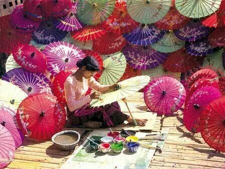 Pathein Umbrella, Myanmar Places, Pathein, History Of Myanmar, Paper Umbrella, Myanmar Art, Asian Landscape, Paper Umbrellas, South Korea Travel