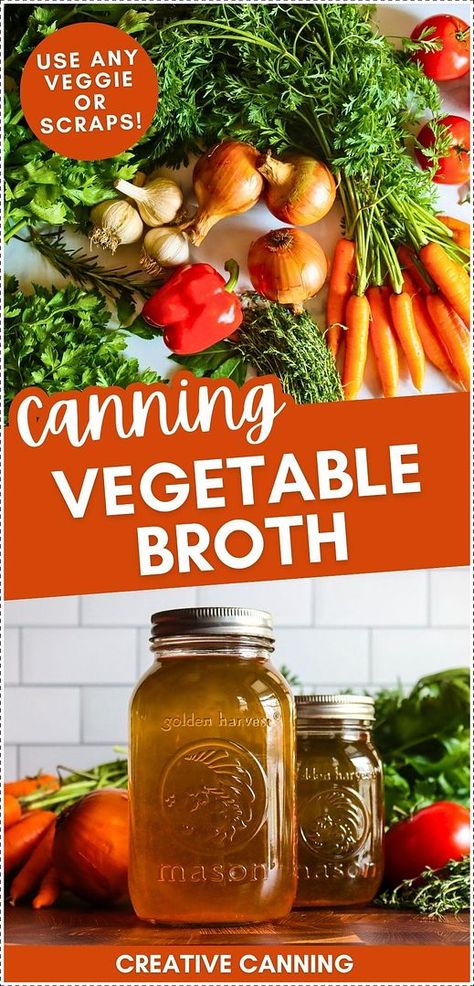 Learn canning vegetable broth to create a rich, homemade base for your meals. This flavorful broth, made from fresh vegetables or leftover scraps, is perfect for soups, stews, or as a warm, nutritious drink. Stock your pantry with this healthy alternative to store-bought options. Find more vegetable recipes, canning vegetables, preserving vegetables, and Canning Recipes for Beginners at creativecanning.com. Canning Homemade Vegetable Broth, Canning Vegetable Stock, Canning Vegetable Broth, Canning Broth, Vegetable Broth From Scraps, Canning Stock, Pressure Canning Meat, Canning For Beginners, Canning Beans