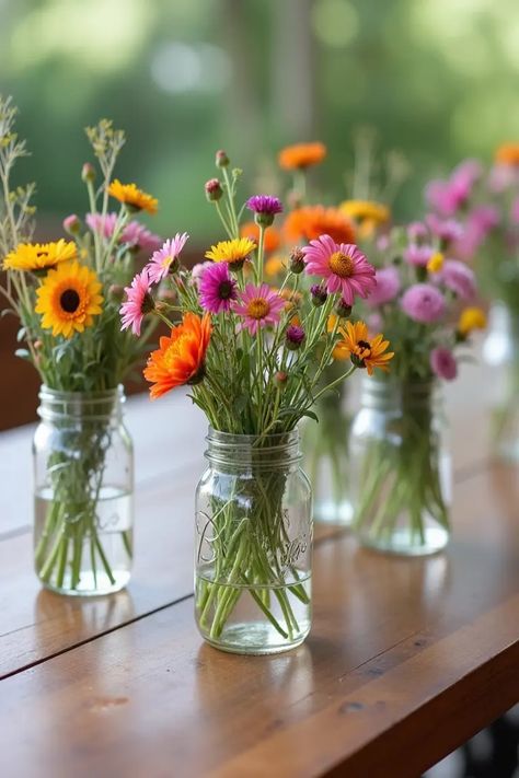 22 Rustic Wedding Ideas to Transform Your Special Day Mason Jar Bouquets Wedding, Rustic Flower Garden Ideas, Wildflower Rustic Wedding Theme, Small Spring Wedding Ideas, Simple Spring Wedding Ideas, Whimsical Backyard Wedding, Cheap Backyard Wedding Ideas, Whimsical Garden Wedding Decor, Rustic Wedding Decor On A Budget