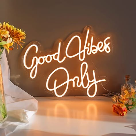 KUNBIGO Good Vibes Only Neon Signs Wall Decorations (with Power Adapter), Suitable for Neon Signs for Bedrooms, Cafes, Shops, Bars, Parties, Dimmable Warm White Wall Lights-Size: 16.7x12.9 inches - - Amazon.com Surprise Birthday Party Decorations, Happy Birthday Neon, Light Words, White Wall Lights, Decorative Night Lights, Star Night Light, Neon Sign Shop, Beautiful Logo, Neon Decor