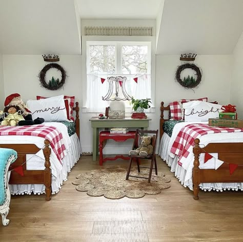 Christmas Bedding Ideas, White Herringbone Wall, White Night Table, Wood Night Table, Farmhouse Style Bedding, Holiday Bedroom, Christmas Bedding Set, Herringbone Wall, Black Bed Frame