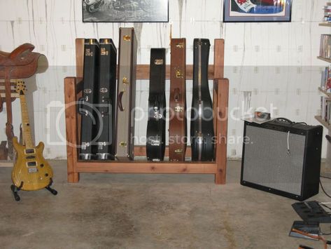 guitar case rack | Woodworking Talk Amp Storage Ideas, Guitar Amp Storage, Guitar Storage Cabinet, Guitar Case Storage, Green Room Ideas, Music Furniture, Man Cave Shop, Guitar Storage, Woodworking Software