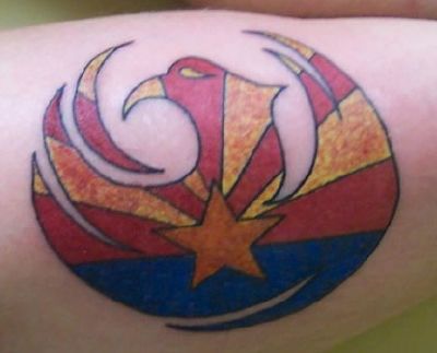 . Crazy Piercings, Desert Tattoo, Arizona Tattoo, Flag Tattoos, Weird Photos, Arizona State Flag, Arizona Flag, Mexican Tattoo, Pride Tattoo