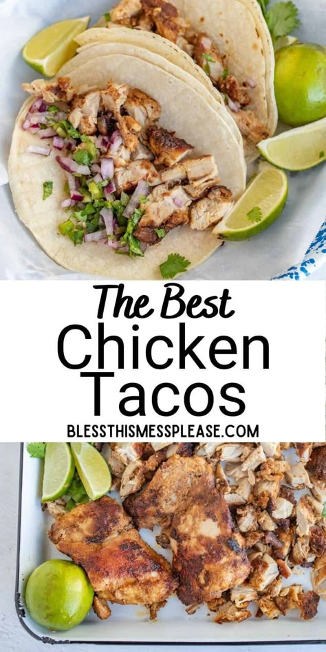 Introducing the best chicken tacos ever. An easy chicken taco recipe made with chicken thighs, plus a simple onion & cilantro topping. This is our all-time favorite chicken taco recipe. They taste like they just came off a food truck! Everyone in your family will love this recipe -- they'll gobble it up, AND it only takes a few minutes. You'll be the star of dinner! #easytacos #tacos #tacorecipe #chickentacos #foodtrucktacos #streettacos #quicktacos Best Chicken Tacos, Best Chicken Taco Recipe, Easy Chicken Taco, Chicken Tacos Recipe Easy, Street Taco Recipe, Chicken Tacos Recipe, Tacos Mexicanos, Chicken Tacos Easy, Easy Taco Recipes