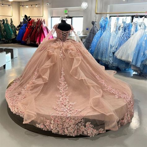 Light Pink Lace Applique Off The Shoulder Cape Quinceanera Dress Ball Gown Sweet Sixteen Dress Quinceanera Dresses With Cape, Light Pink Quinceanera Dresses, Mint Gown, 15 Quinceanera, Ball Gown Quinceanera Dresses, Floral Ball Gown, Quinceanera Pink, Quinceanera Themes Dresses, Sweet Sixteen Dresses