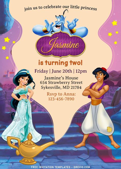 Awesome 7+ Aladdin Birthday Invitation Templates           Aladdin? What a very enjoyable family movie! There was no bad word and dark content. I’m glad that I heard the news on TV mentioning the li... Aladdin Birthday Party Invitations, Aladdin Birthday Invitations, Jasmine Costume Kids, Aladdin Invitation, Jasmine Invitation, News On Tv, Aladdin Birthday Party, Princess Jasmine Birthday Party, Aladdin Party