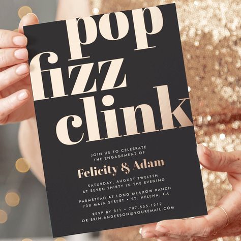 White Engagement Party, New Years Eve Invitations, Retro Wedding Invitations, Pop Fizz Clink, Rose Gold Invitations, Black And White Wedding Invitations, New Year's Eve Celebrations, Foil Wedding Invitations, Engagement Celebration