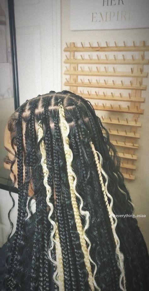 Peek A Boo Box Braids Blonde, Peka Boo Braids Color With Curls, Birthday Braid Hairstyles, Boho Peekaboo Braids, Thigh Length Braids, Hair Styles Braids Ideas, Skunk Stripe Braids, Black And Blonde Braids, Hair Inspo Braids