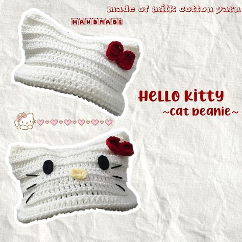 Hello Kitty Cat Beanie, Cat Beanies, Hello Kitty Cat, Hello Kitty Crochet, Cat Eared Beanie, Easy Crochet Animals, Cat Beanie, Diy Paper Crafts Decoration, Crochet Tapestry