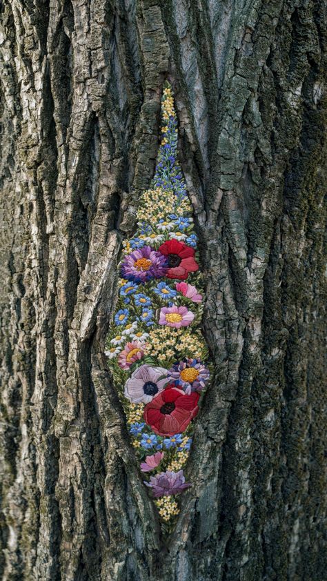 Vivid Compositions in Thread Enliven Hollow Spaces in Diana Yevtukh’s Striking Embroideries | Colossal Mesh Fencing, Colossal Art, Contemporary Embroidery, Modern Crafts, Old Stone, Paper Artist, Modern Embroidery, Vibrant Flower, Back To Nature