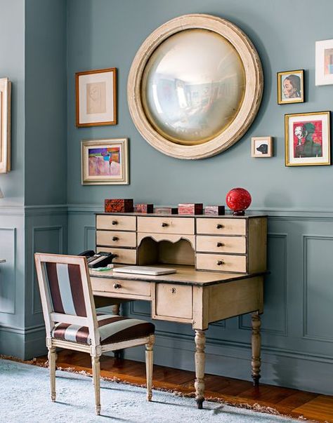 Furniture, Room, Interior design, Green, Red, Table, Yellow, Wall, Hutch, Dining room, Dix Blue Farrow And Ball, Small Office Ideas, Harlem Apartment, Dix Blue, Best Blue Paint Colors, Benjamin Moore Blue, Workplace Decor, Oval Room Blue, Small Home Offices