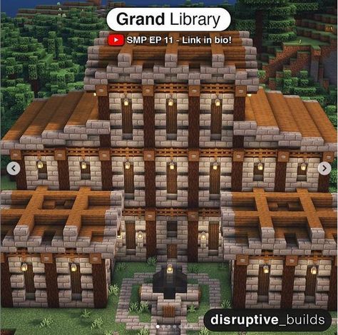 Minecraft Grand Library, Minecraft Medieval Library, Minecraft Library Ideas, Minecraft Medieval City, Minecraft Decor Ideas, Minecraft Staircase, Library Minecraft, Minecraft Library, Minecraft Decor