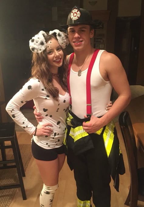 Fireman And Dog Halloween Costume, Dalmatian And Fire Fighter Couples Costume, Couple Costumes Fire Fighter, Outfits For Men Halloween, Fireman Dalmation Costume Couple, Firefighter And Dog Costume Couple, Dalmatian Firefighter Costume, Dalmation And Firefighter Costume Couple, 101 Dalmations Costume Couple