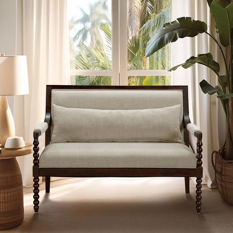 PRICES MAY VARY. The Martha Stewart Lily Pond Lifestyle Collection, inspired by her coastal property, presenting the Philippe Loveseat. With carved turned legs in dark brown brown finish, it exudes traditional and coastal style and charm Crafted for Quality - This loveseat features a solid rubberwood frame in a beautiful dark brown finish, complete with a removable lumbar pillow and wrapped armrest for added comfort. Adjustable levelers ensure stability on uneven surfaces This loveseat centerpie Reception Sofa, Wood Details, Luxury Experience, Brown Tone, Coastal Furniture, Turned Wood, Lily Pond, Upholstered Seating, Upholstered Furniture