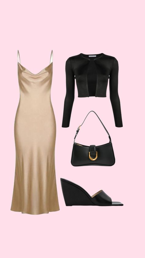 Classic slip midi  satin dress black cardigan wedge peep toe mules black shoulder bag Sunday brunch #ootdideas #ootdstyle #ootd #brunchoutfits Black Shoulder Bag, Brunch Outfit, Black Cardigan, Satin Dresses, Wedges, Black Dress, Satin, Shoulder Bag, Black