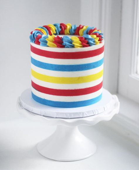 Primary Colors Cake, Primary Color Birthday Cake, Primary Color Cake, Stripe Cake, Rainbow Cakes, Posting On Instagram, Dessert Inspiration, Striped Cake, Simple Cake Designs