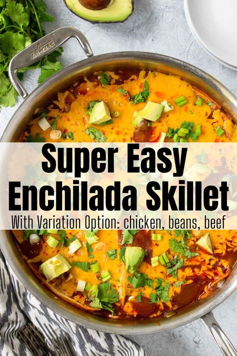 Bean And Cheese Enchiladas, Skillet Enchiladas, Enchilada Rice, Enchilada Skillet, Chicken Enchilada Skillet, Mexican Entrees, Refried Beans Recipe, Easy Enchiladas, Easy Skillet Meals