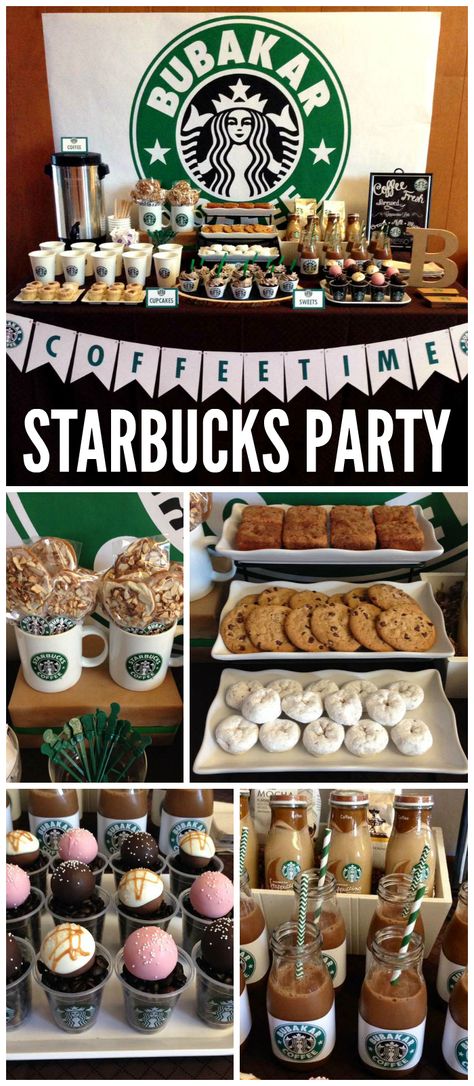 A Starbucks Coffee dessert bar with a coffee bar and Starbucks cake pops and a lot of desserts! See more party planning ideas at CatchMyParty.com! Coffee Themed Party, Diy Party Themes, Starbucks Birthday Party, Starbucks Cake Pops, Starbucks Party, Starbucks Birthday, Starbucks Cake, Bff Things, Donut Bar