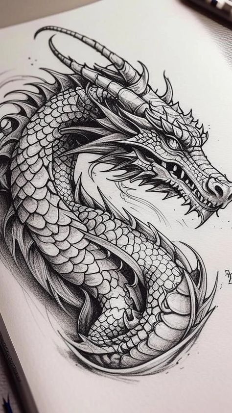 Dragon Flame Tattoo, Scary Dragon Drawing, Dragon Drawing Tattoo, Dragon Drawing Sketches, Realistic Dragon Drawing, Traditional Dragon Tattoo, Dragon Tattoo Outline, Dragon Draw, Dragon Tattoo Stencil