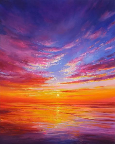 Vibrant Sunset Painting, Sunsets Over Water, Colorful Sunset Painting, Pinturas Acrilicas Cuadros Ideas, Sunset Over Water Painting, Landscape Pictures To Paint, Sunrise Painting Acrylic, Pastel Sunset Painting, Sunsets Paintings