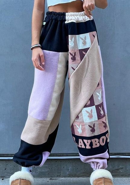 Trendy Patchwork Bottoms For Streetwear, Reworked Sweatpants Diy, Reworked Cotton Bottoms For Streetwear, Patchwork Sweatpants Diy, Patchwork Sweatpants, Trendy Outfit Inspo, Cute Sweatpants, Upcycle Clothes Diy, Clothing Catalog