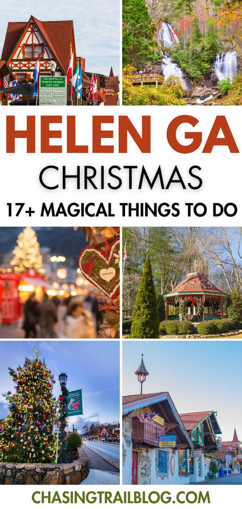 6 images arranged in a rectangle, each depicting different scenes from Christmas in Helen Georgia, along with a white block and red and black letters that read, "Helen Georgia Christmas: 17 magical things to do" Georgia Christmas, Helen Georgia, Festive Activities, Helen Ga, Christmas Things To Do, Georgia Vacation, Detail Oriented, Mountains Travel, Christmas Parade