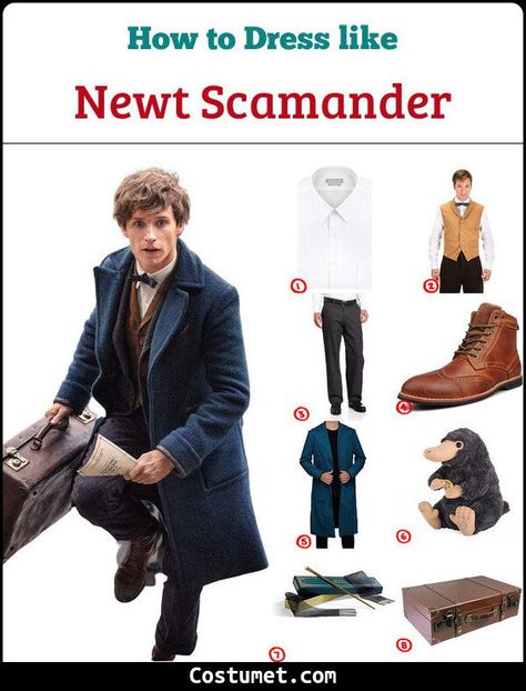 Harry Potter Outfits Men, Newt Scamander Aesthetic Outfit, Newt Scamander Scarf Pattern, Newt Scamander Scarf, Newt Scamander Costume, All Harry Potter Characters, Newt Scamander Cosplay, Newt Scamander Creatures, Harry Potter Kostüm