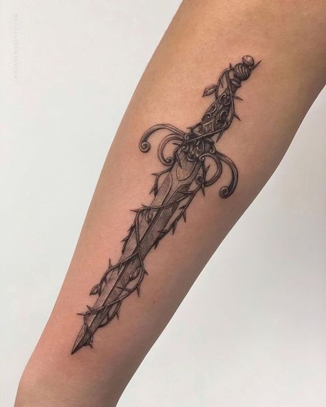 Daggar Tattoo, Dragon Tattoo Ideas, Knife Tattoo, Forarm Tattoos, Fantasy Tattoos, Vine Tattoos, Dagger Tattoo, Calf Tattoo, Badass Tattoos