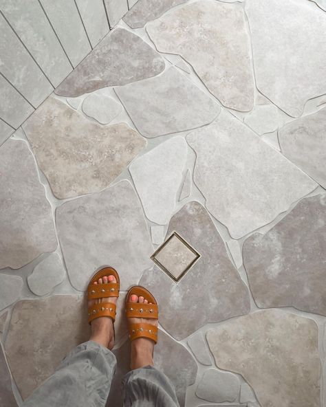 Alex Hutchinson on Instagram: “Waiting patiently for this bathroom to be complete ✨ so much happening next week that we can not wait to show you 🙌🏼❤️ . . #crazypave…” Fish Scale Tile, Crazy Paving, Penny Round Mosaic, Herringbone Tile, Grey Tiles, Grout Color, White Tiles, Back Garden, Bathroom Flooring