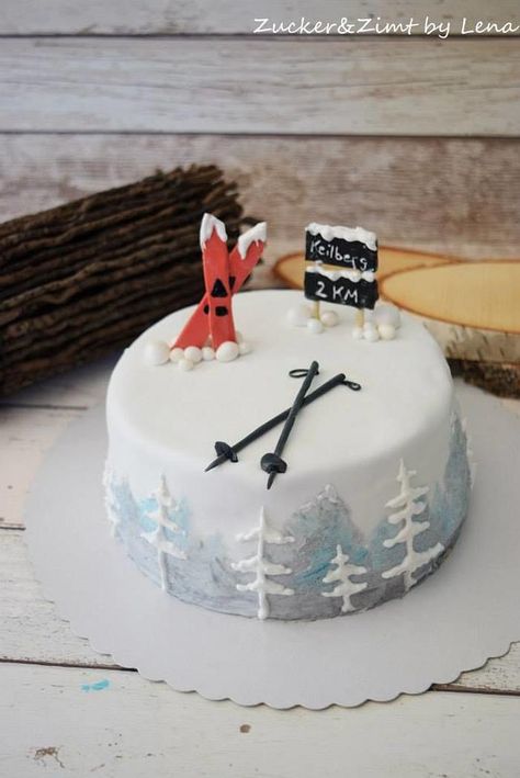 Ski Cakes Birthdays, Birthday Cake Winter Theme, Ski Cake Ideas Birthday, Skiing Birthday Cake, Skiing Cake Ideas, Winter Themed Cakes, Ski Cake Ideas, Papsikel Design, Cake Skiing