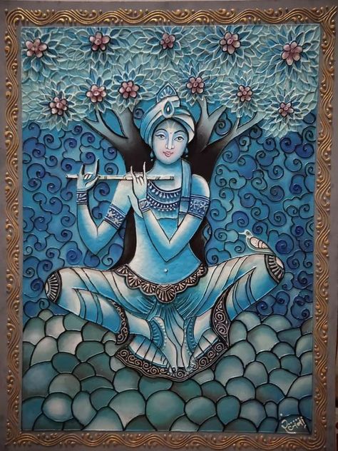 Krishna Glass Painting Designs, Krishna Glass Painting, Painting Krishna, 3d Murals, 3d Relief Art, Glass Painting Patterns, Relief Art, Clay Works, Buddha Art Painting