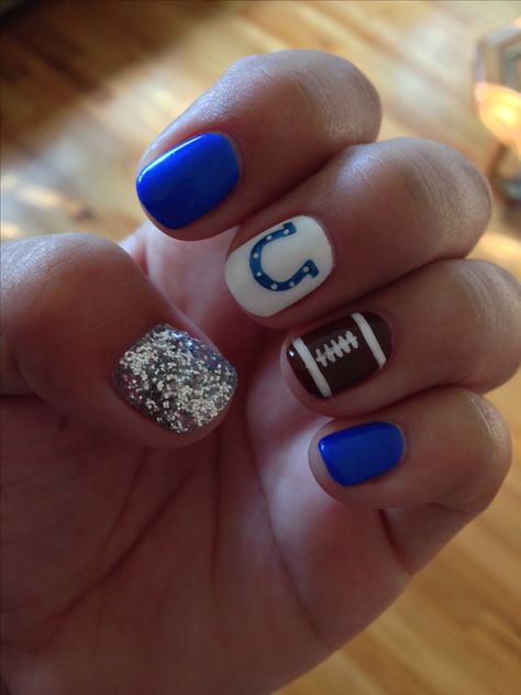 Go Colts! Believe in Blue! Colts Nails, Seahawks Nails Design, Nfl Nails, Football Nail Designs, Football Nail Art, Sports Nails, Football Nails, I Love Nails, Manicure Y Pedicure