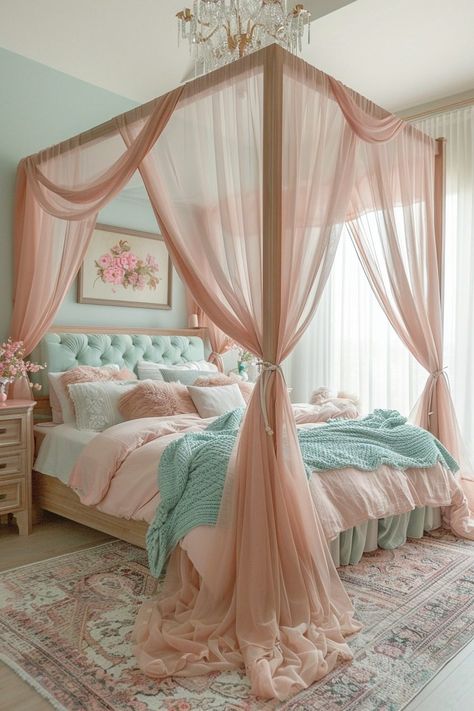 Canopy Bed With Curtains, 4 Poster Bed Canopy, Bed With Curtains, White Canopy Bed, Canopy Bed Curtains, Canopy Beds, Curtains Ideas, Cosy Living, Pink Curtains