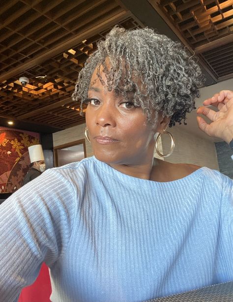 Natural Grey Hair Styles For Black Women, Twists On Natural Grey Hair, Gray Sisterlocks Grey Hair, Grey Microlocs, Gray Microlocs, Grey Locs Black Women, Natural Gray Hair Over 50 Black Women, Grey Hair Locs, Braids For Older Black Women Over 50