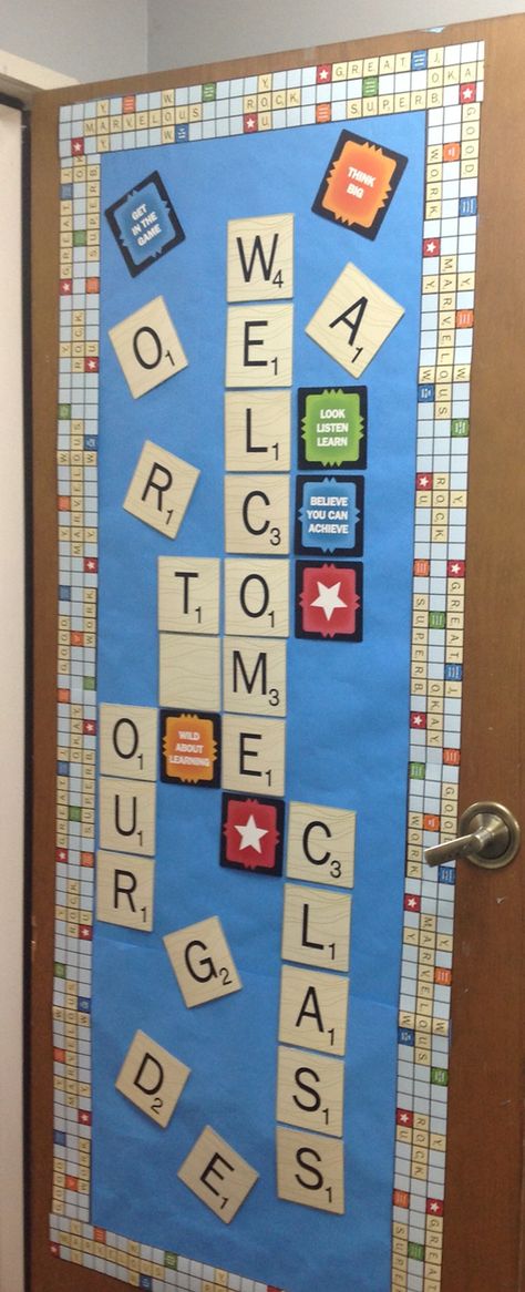 Scrabble door Scrabble Door Classroom, Scrabble Vbs Decorations, Maze Bulletin Board Ideas, Game Door Decorations Classroom, Board Game Theme Classroom Doors, Game Theme Classroom Doors, Game Themed Classroom Door, Scrabble Classroom Door, Scrabble Party Decorations