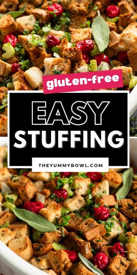 This easy gluten-free stuffing recipe combines basic vegetarian ingredients and herbs to deliver a burst of delicious flavor. It's an ideal choice for baking or using as a turkey stuffing during your holiday gatherings! This vegetarian stuffing is gluten free and dairy free.rn Homemade Gluten Free Stuffing, Dairy Free Stuffing, Vegetarian Turkey, Thanksgiving Gluten Free, Gluten Free Stuffing Recipes, Gluten Free Croutons, Vegetarian Stuffing, Stuffing Thanksgiving, Gluten Free Gravy