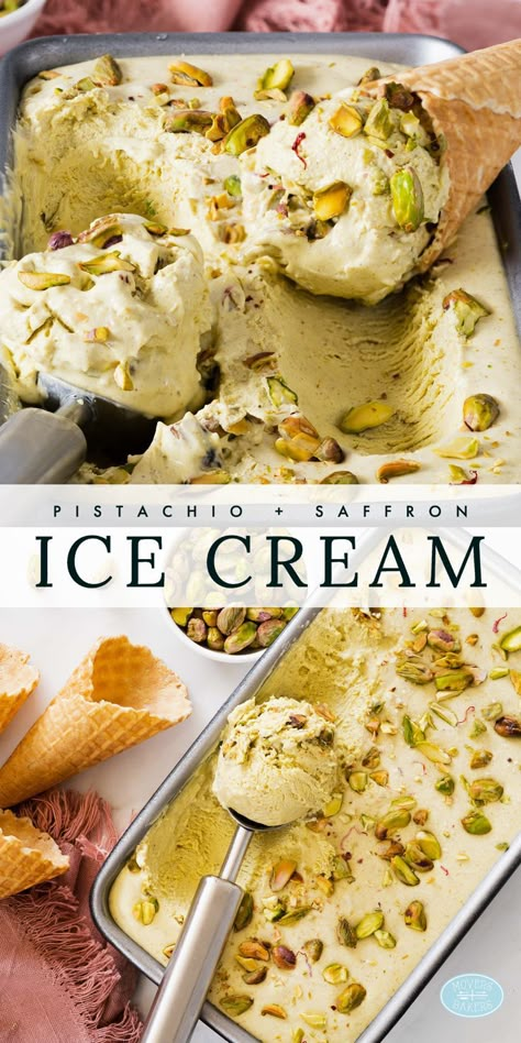 Recipe for kesar pista ice cream. A creamy no churn pistachio ice cream with saffron and cardamom, and no ice cream maker needed! Recipe by movers and bakers Pista Ice Cream, Ice Cream Pistachio, Ice Cream Flavour, Indian Ice Cream, Pistachio Dessert, Churn Ice Cream, Cuisinart Ice Cream Maker, Pistachio Recipes, Kulfi Recipe