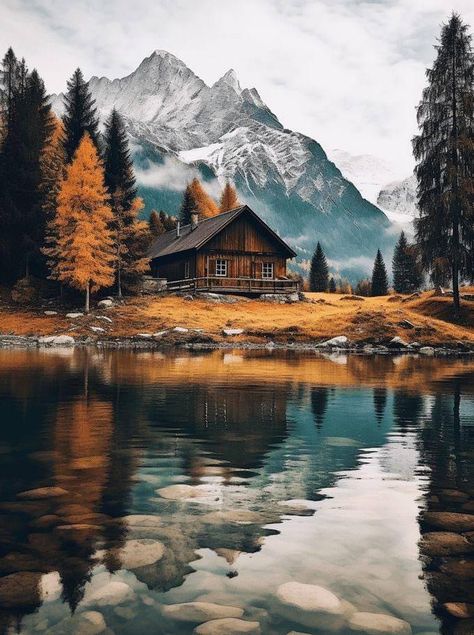 Cabins By The Lake, Mountain Lake Cabin, Mountain Cabin Aesthetic, Cabin By Lake, Swiss Cabin, Mountain Lake House, Residential Landscape Design, House Forest, Wood Cabin