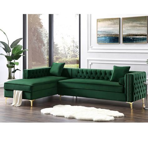 Green Chaise, Chaise Sectional Sofa, Sectional Sofa With Chaise, Fabric Headboard, Green Sofa, Sofa Chaise, Chaise Sectional, Velvet Sofa, Chaise Sofa