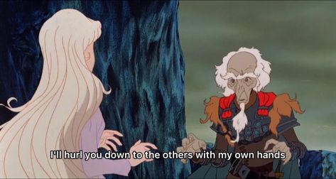 Hand drawn animation. Old man and young woman (facing away from the “camera”). Bottom text, a caption, says “I’ll hurl you down to the others with my own hands.” From the last unicorn, King Haggard is the old man and Amalthea is the woman The Last Unicorn King Haggard, Lady Almathea The Last Unicorn, The Last Unicorn Amalthea, The Last Unicorn Lady Amalthea, The Last Unicorn Movie, Scene King, The Last Unicorn Movie Scenes, The Last Unicorn Scenery, Unicorn Memes