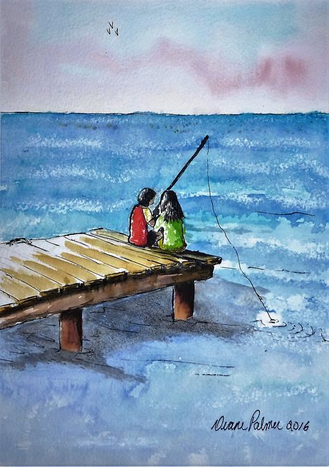 Painting Whimsical, Ocean Drawing, Fly Fishing Art, Drawn Fish, Painting Kids, Watercolor Art Paintings, Watercolor Fish, Watercolor On Wood, Kids Fishing