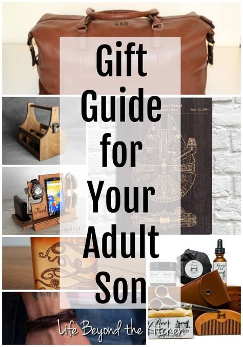 It's just as hard to shop for your son as it is for any other guy. Check out this gift guide for your adult son and get started on your holiday shopping. via @lydiafilgueras College Graduation Gifts For Guys Sons, Gifts For 36 Year Old Men, Sons 18th Birthday Gift Ideas, 18th Birthday Basket Guys, Best Gifts For Adult Son, 21st Birthday Present Ideas For Guys, Birthday Gifts For Son From Mom, Young Men Gifts, Valentines Gift For Son From Mom