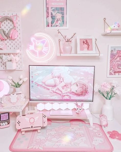 All posts • Instagram Gaming Room Setup Anime, Kawaii Sylveon, Apartment Updates, Pink Setup, Photo Angles, Aesthetic Gaming, Kawaii Room Ideas, Gaming Aesthetic, Game Setup