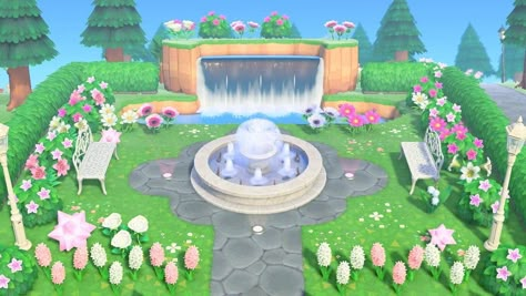 Best ACNH Fountain Design Ideas - Animal Crossing Water Fountain Decoration Tips & Fountain Recipe Acnh Fountain Design Code, Animal Crossing Fountain Design, Animal Crossing Water Fountain Ideas, Water Fountain Animal Crossing, Acnh Fountain Plaza, Animal Crossing Water Ideas, Acnh Water Fountain Ideas, Plaza Design Animal Crossing, Acnh Fountain Ideas