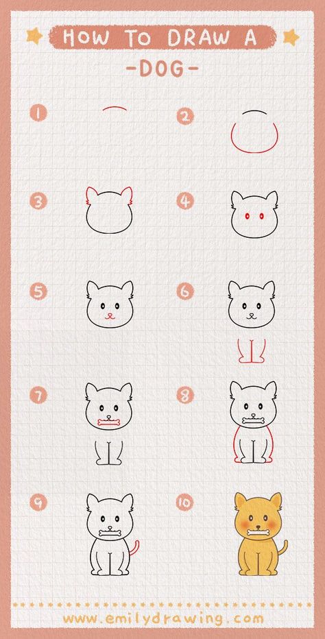 A Dog Drawing, Doodle Kawaii, Super Easy Drawings, Dog Drawing Tutorial, Draw A Dog, Drawing Beautiful, Drawing Tutorials For Beginners, Dog Steps, Drawing Tutorials For Kids