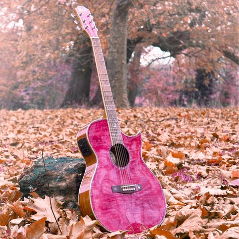 Painted Acoustic Guitar, Cute Guitars, Black Acoustic Guitar, Electro Acoustic Guitar, Pink Guitar, Dandelion Designs, Guitar Painting, Beautiful Guitars, Pink Sand